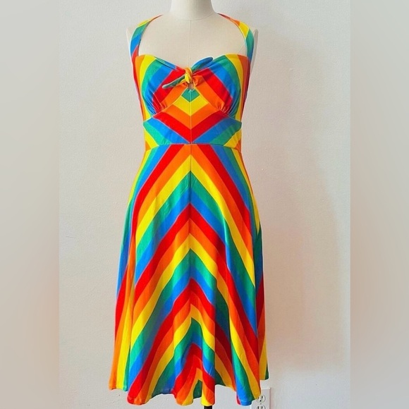 ModCloth Rainbow Stripe Halter Dress Knot Keyhole Detail Summer Festival - Picture 2 of 10